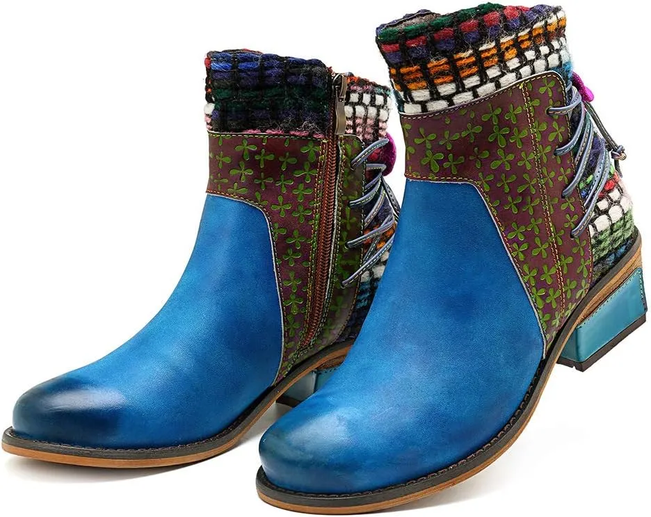CrazycatZ Women's Leather Ankle Booties, Bohemian Pattern Short Boots Flower Splicing Pattern Handmade Vintage Shoes Exotic Booties