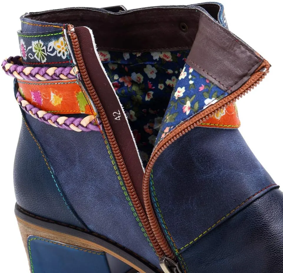 CrazycatZ Women's Leather Ankle Booties, Bohemian Pattern Short Boots Flower Splicing Pattern Handmade Vintage Shoes Exotic Booties