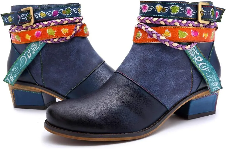 CrazycatZ Women's Leather Ankle Booties, Bohemian Pattern Short Boots Flower Splicing Pattern Handmade Vintage Shoes Exotic Booties