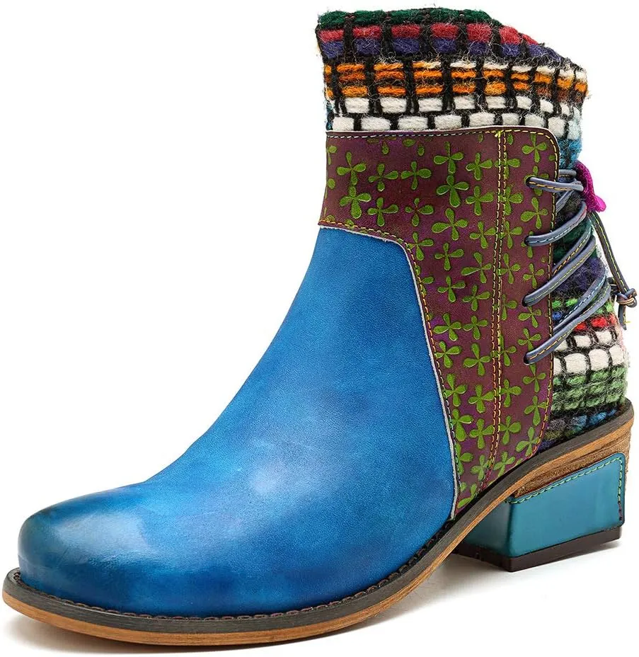 CrazycatZ Women's Leather Ankle Booties, Bohemian Pattern Short Boots Flower Splicing Pattern Handmade Vintage Shoes Exotic Booties