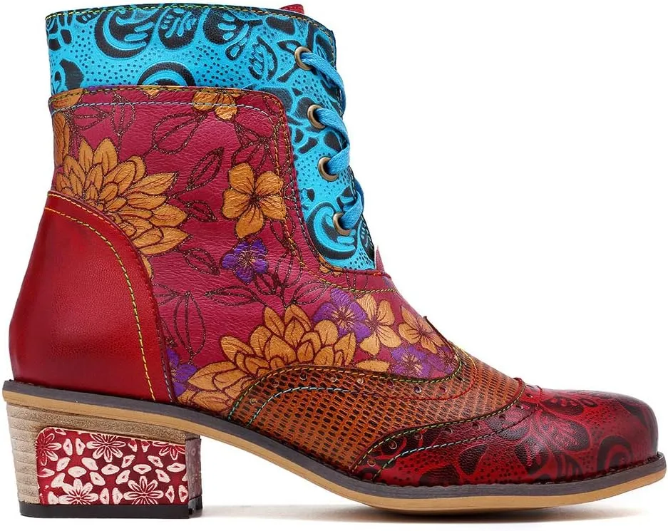 CrazycatZ Women's Leather Ankle Booties, Bohemian Pattern Short Boots Flower Splicing Pattern Handmade Vintage Shoes Exotic Booties