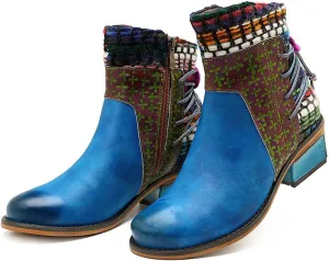 CrazycatZ Women's Leather Ankle Booties, Bohemian Pattern Short Boots Flower Splicing Pattern Handmade Vintage Shoes Exotic Booties