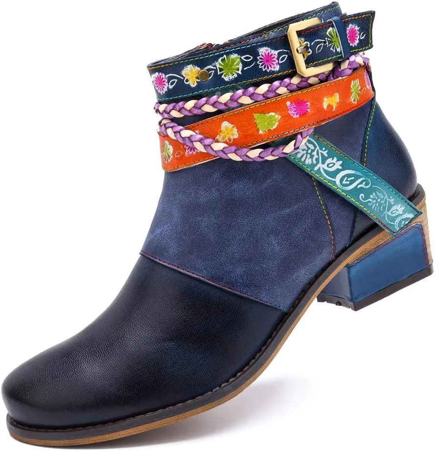 CrazycatZ Women's Leather Ankle Booties, Bohemian Pattern Short Boots Flower Splicing Pattern Handmade Vintage Shoes Exotic Booties