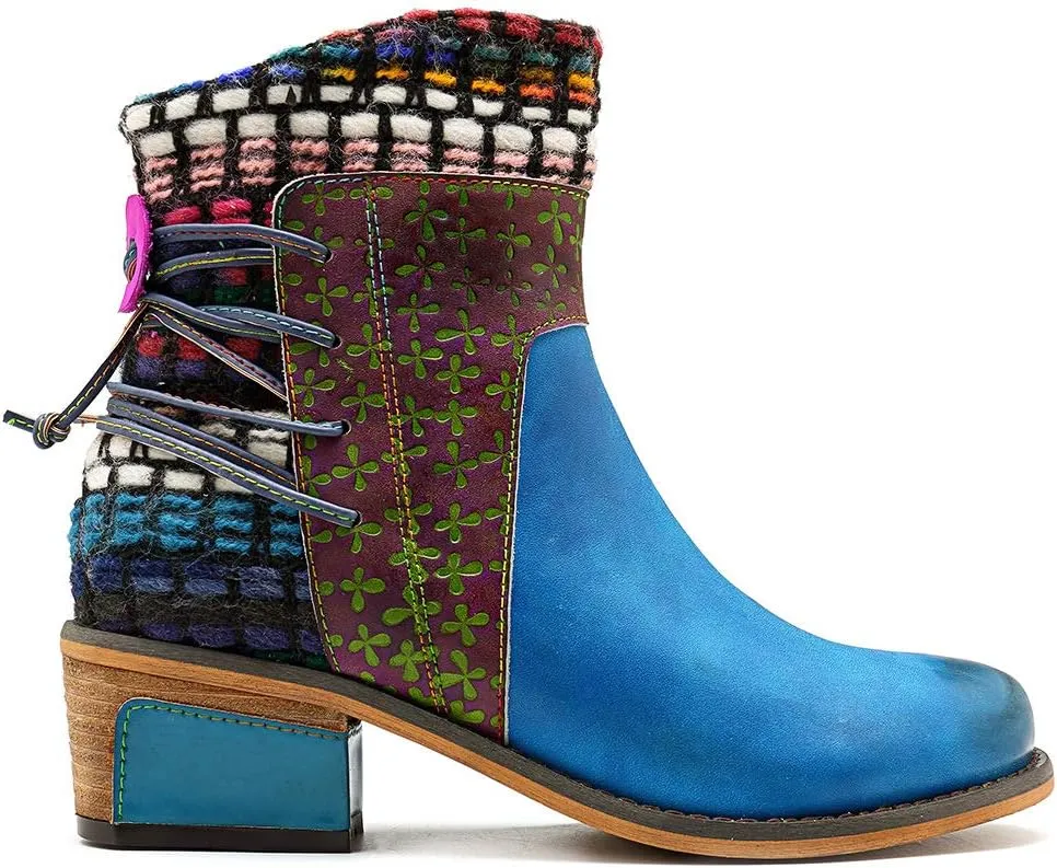 CrazycatZ Women's Leather Ankle Booties, Bohemian Pattern Short Boots Flower Splicing Pattern Handmade Vintage Shoes Exotic Booties