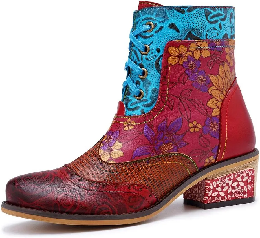 CrazycatZ Women's Leather Ankle Booties, Bohemian Pattern Short Boots Flower Splicing Pattern Handmade Vintage Shoes Exotic Booties