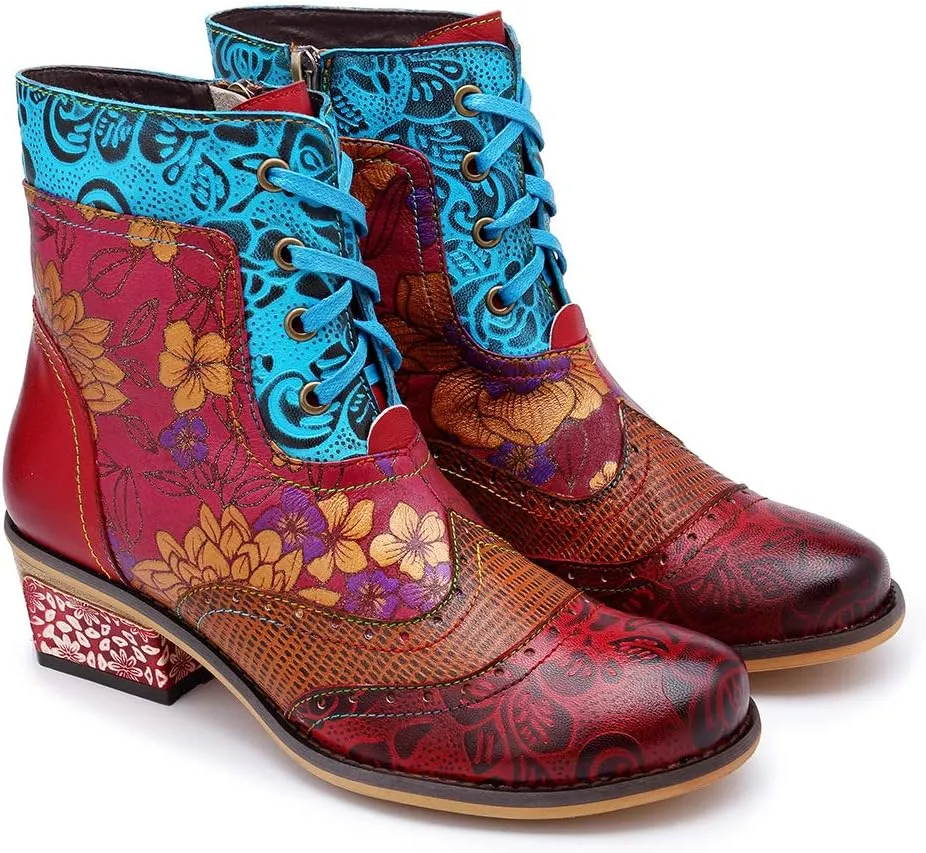 CrazycatZ Women's Leather Ankle Booties, Bohemian Pattern Short Boots Flower Splicing Pattern Handmade Vintage Shoes Exotic Booties