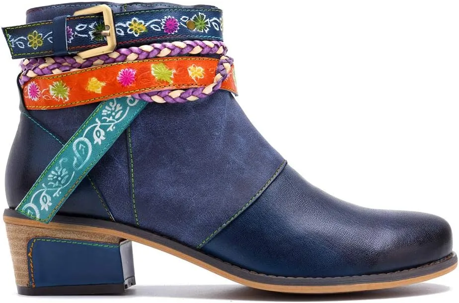 CrazycatZ Women's Leather Ankle Booties, Bohemian Pattern Short Boots Flower Splicing Pattern Handmade Vintage Shoes Exotic Booties