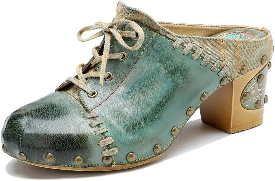 CrazycatZ Womens Leather Clogs Sandals, Colorful Bohemian Mules Block Heels Leather Clogs Shoes