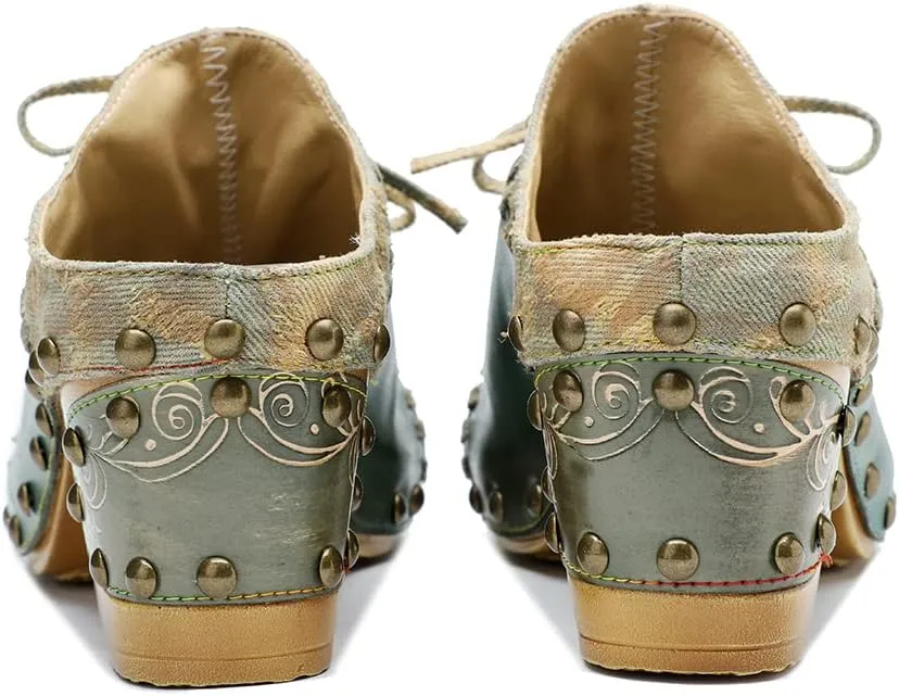 CrazycatZ Womens Leather Clogs Sandals, Colorful Bohemian Mules Block Heels Leather Clogs Shoes