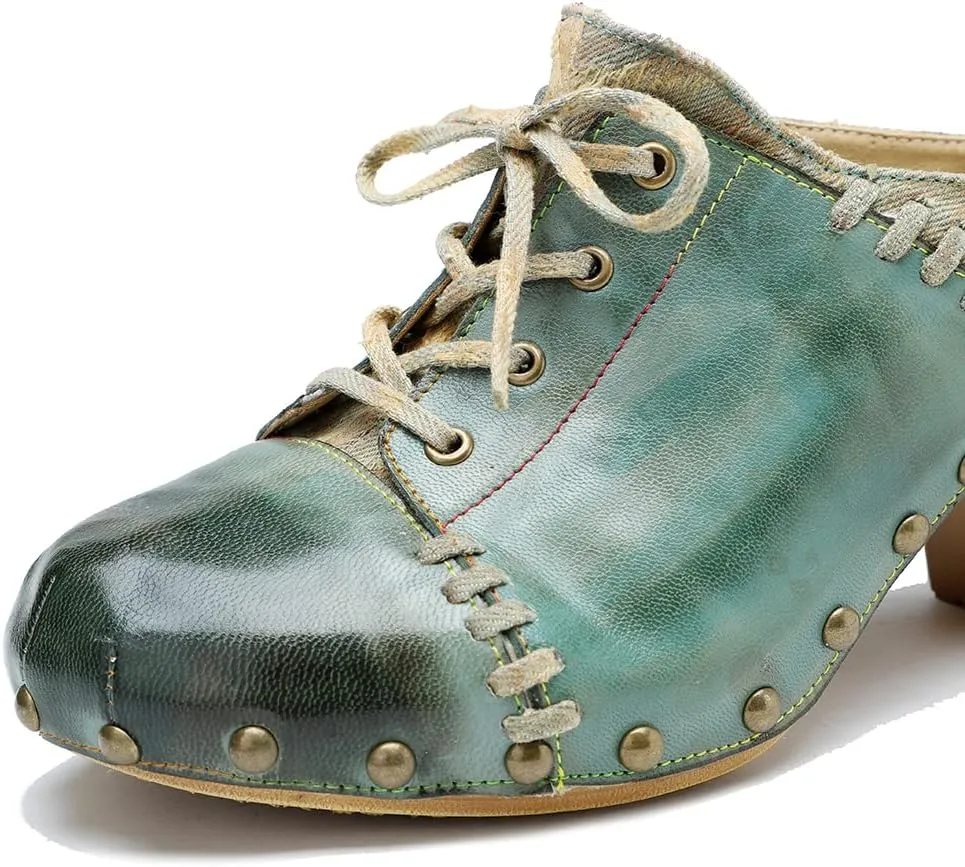 CrazycatZ Womens Leather Clogs Sandals, Colorful Bohemian Mules Block Heels Leather Clogs Shoes