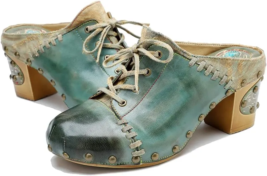 CrazycatZ Womens Leather Clogs Sandals, Colorful Bohemian Mules Block Heels Leather Clogs Shoes