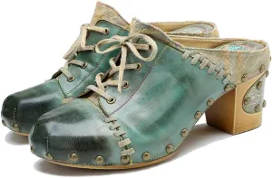 CrazycatZ Womens Leather Clogs Sandals, Colorful Bohemian Mules Block Heels Leather Clogs Shoes