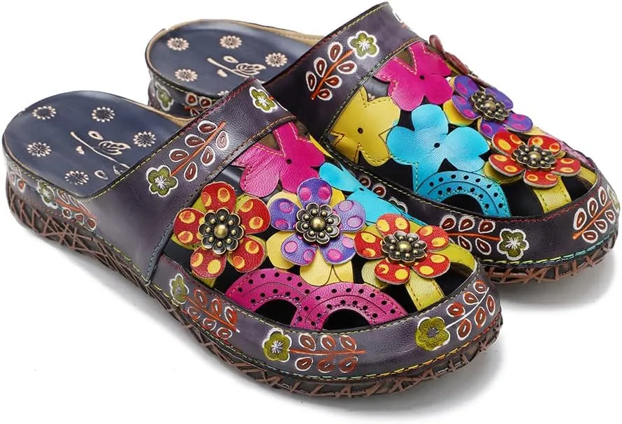 CrazycatZ Womens Leather Clogs Sandals, Colorful Bohemian Mules Sandals