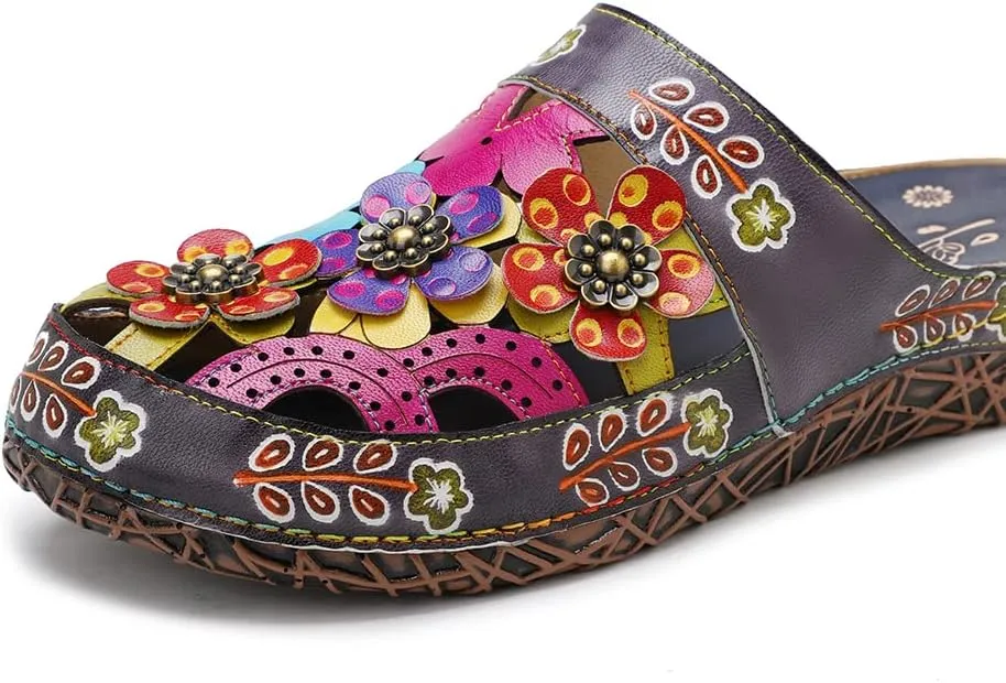CrazycatZ Womens Leather Clogs Sandals, Colorful Bohemian Mules Sandals