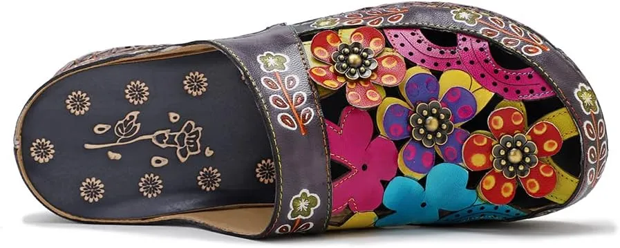 CrazycatZ Womens Leather Clogs Sandals, Colorful Bohemian Mules Sandals