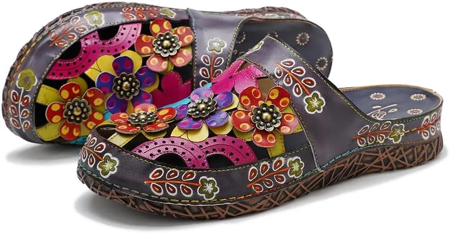 CrazycatZ Womens Leather Clogs Sandals, Colorful Bohemian Mules Sandals