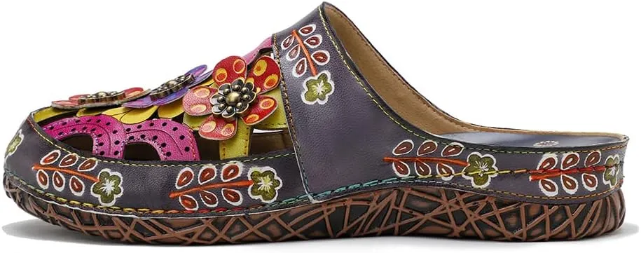 CrazycatZ Womens Leather Clogs Sandals, Colorful Bohemian Mules Sandals