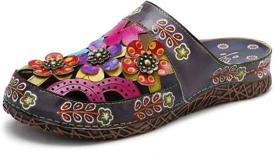 CrazycatZ Womens Leather Clogs Sandals, Colorful Bohemian Mules Sandals