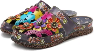 CrazycatZ Womens Leather Clogs Sandals, Colorful Bohemian Mules Sandals