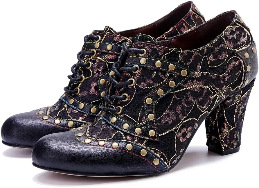 CrazycatZ Women's Leather Dressing Shoes Pumps,Colorful Block Heel Leather Dress Pumps