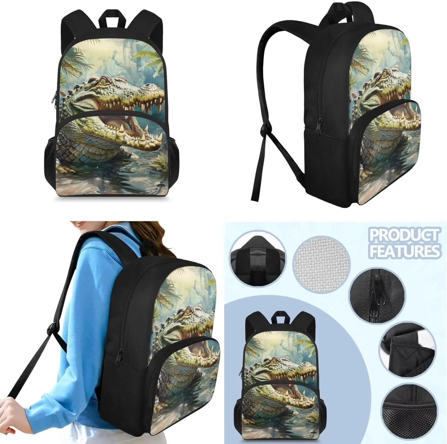 Crocodile Kids Backpack with Lunch Box Set 15 inch Bookbags for 6th Grade Boys 8-10/10-12/8-12/6-8 Elementary School Bag Lunchbox Pencil Case Primary Student Back Pack Lunch Bag Book Bag