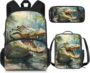 Crocodile Kids Backpack with Lunch Box Set 15 inch Bookbags for 6th Grade Boys 8-10/10-12/8-12/6-8 Elementary School Bag Lunchbox Pencil Case Primary Student Back Pack Lunch Bag Book Bag