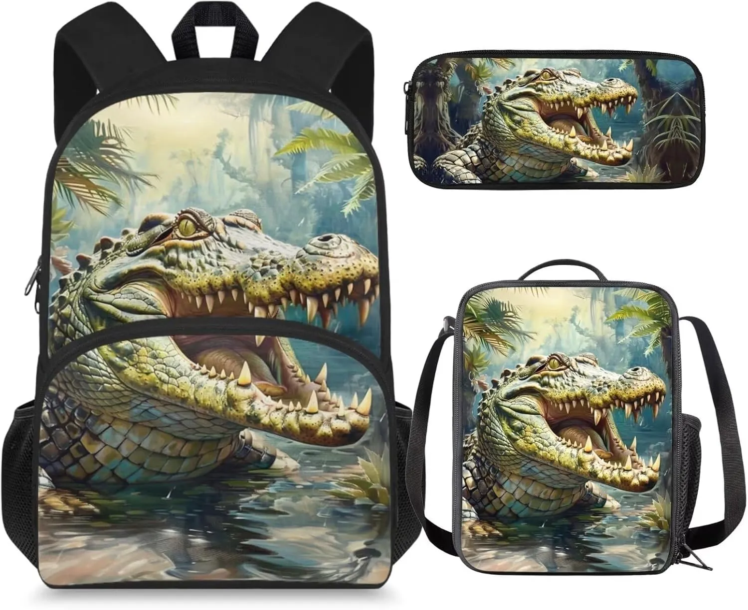 Crocodile Kids Backpack with Lunch Box Set 15 inch Bookbags for 6th Grade Boys 8-10/10-12/8-12/6-8 Elementary School Bag Lunchbox Pencil Case Primary Student Back Pack Lunch Bag Book Bag