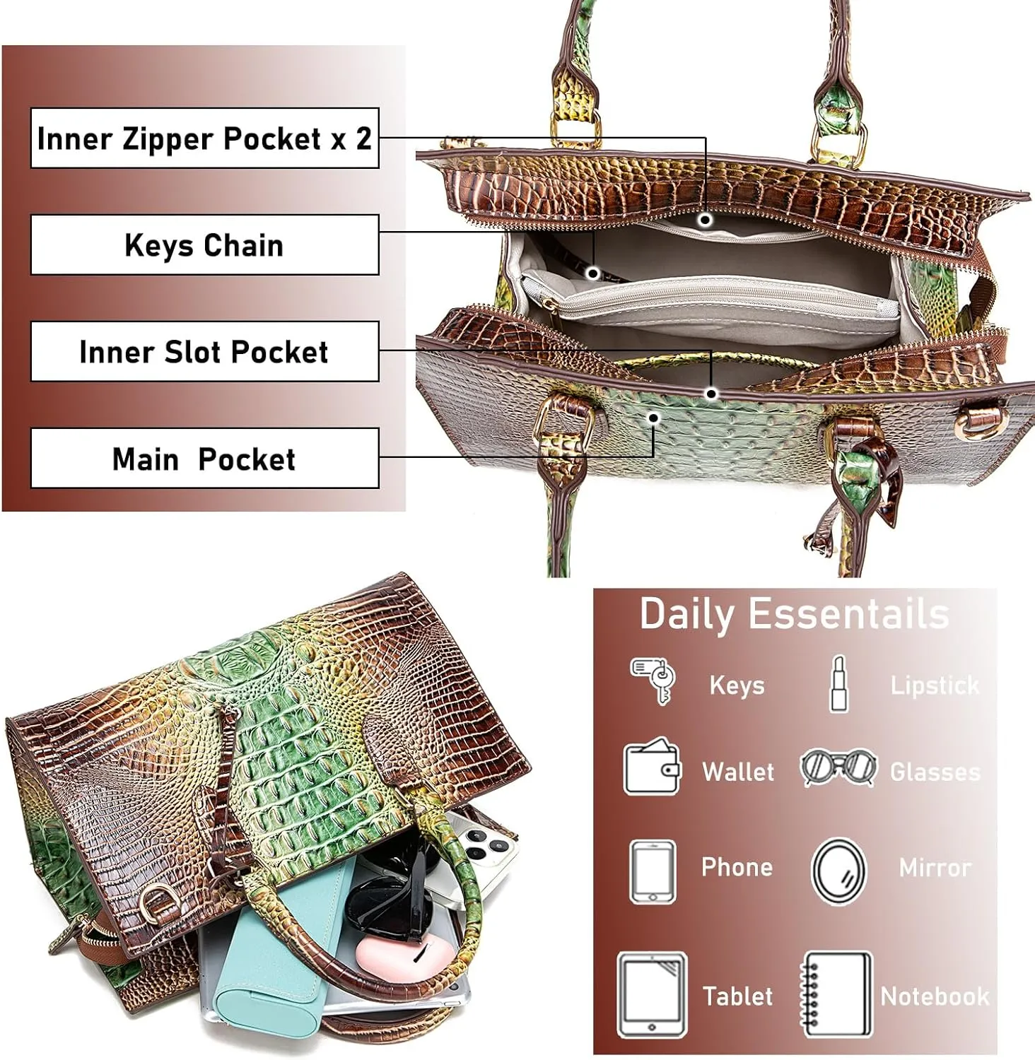 Crocodile Pattern Gradient Top Handle Satchel Large Capacity Tote Bag