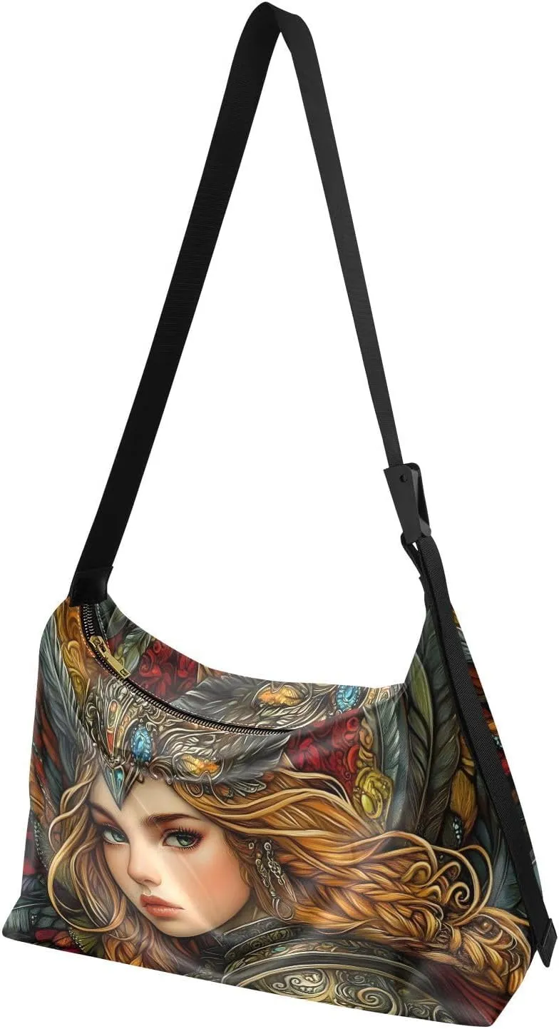 Crossbody Bag Female Knight Print Large Capacity for Women Men, PU Leather Shoulder Bag Zipper Closure with Fabric Strap