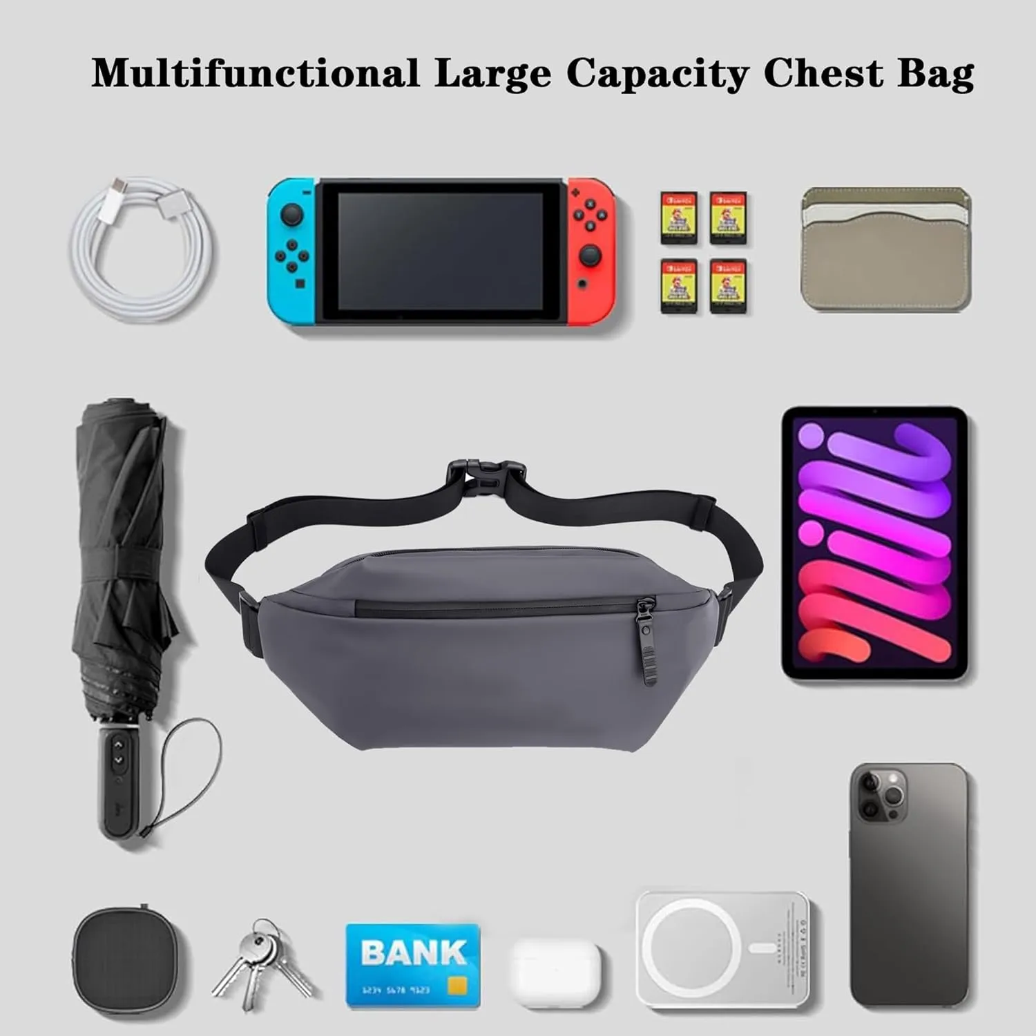 Crossbody Bag for Men and Women,Sling Bags,Adjustable Waist Belt,Durable,Water Resistant Fanny Pack Chest Bag for Travel Daypack Outdoor Running(Grey)