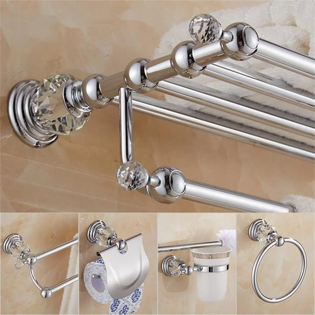 CSCDD Brass Shower Rack Toilet Paper Holder Silver Crystal Wall Mount Towel Bar Toilet Brush Holder Bathroom Hardware Accessories Set!(D)