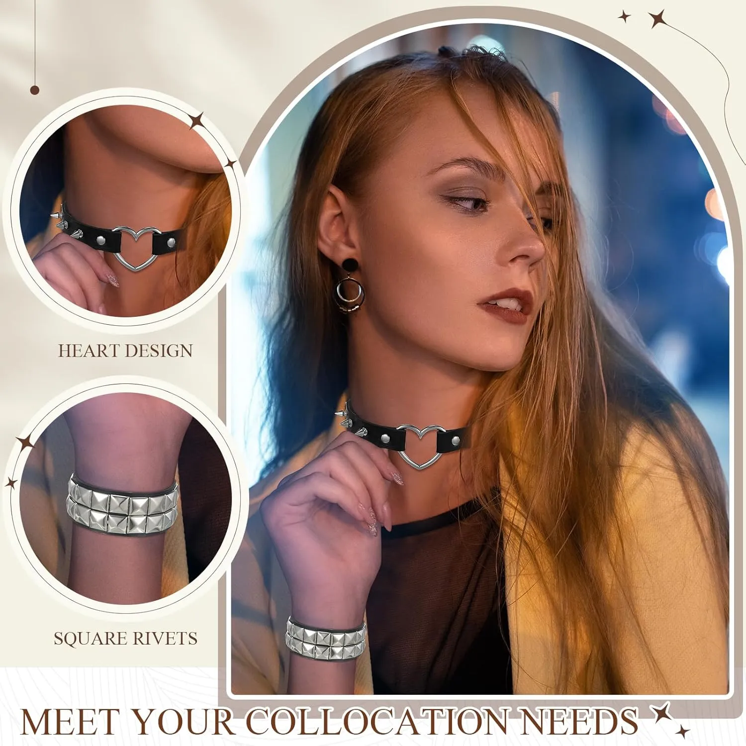 Cunno 13 Pcs Cool Steampunk Leather Choker Rock Gothic Necklace Bracelets Set Punk Spike Rivet Cuff for Cosplay Party Gift