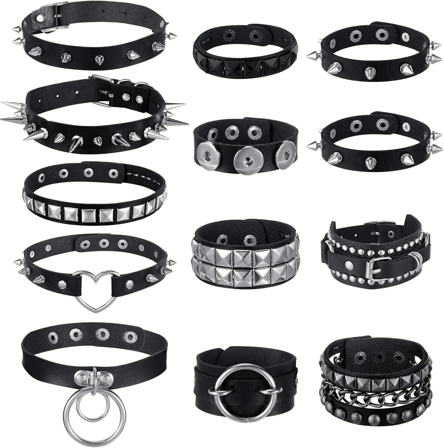 Cunno 13 Pcs Cool Steampunk Leather Choker Rock Gothic Necklace Bracelets Set Punk Spike Rivet Cuff for Cosplay Party Gift