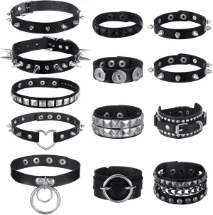 Cunno 13 Pcs Cool Steampunk Leather Choker Rock Gothic Necklace Bracelets Set Punk Spike Rivet Cuff for Cosplay Party Gift