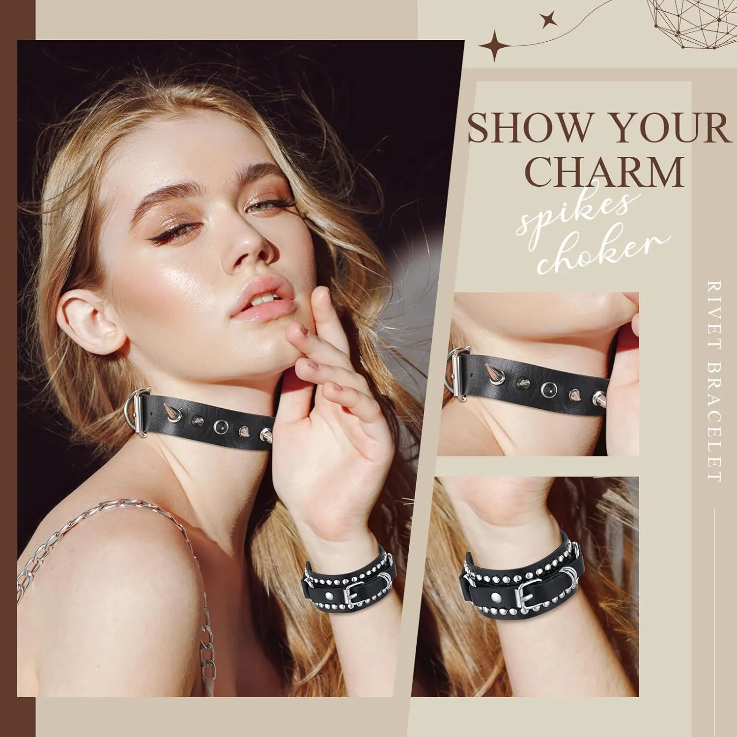 Cunno 13 Pcs Cool Steampunk Leather Choker Rock Gothic Necklace Bracelets Set Punk Spike Rivet Cuff for Cosplay Party Gift
