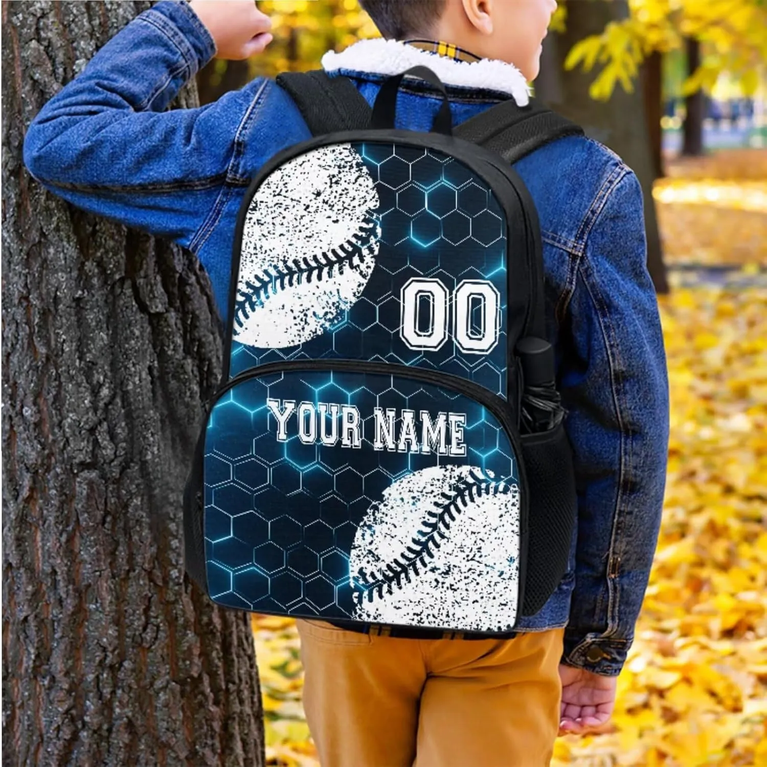 Custom Student Baseball Blue Hexagonal Grid Backpack Set Laptop Backpack Lunch Bags Lunchbox Water Bottle Pouch Rucksack Pencil Pen Case School Tote Bag with Name and Number, 4 Piece