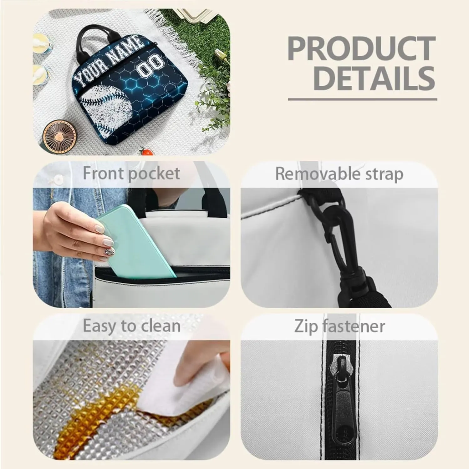 Custom Student Baseball Blue Hexagonal Grid Backpack Set Laptop Backpack Lunch Bags Lunchbox Water Bottle Pouch Rucksack Pencil Pen Case School Tote Bag with Name and Number, 4 Piece
