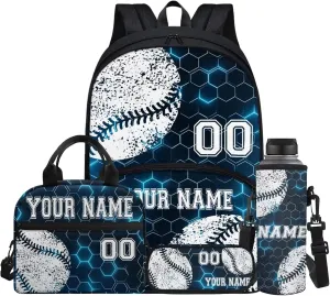 Custom Student Baseball Blue Hexagonal Grid Backpack Set Laptop Backpack Lunch Bags Lunchbox Water Bottle Pouch Rucksack Pencil Pen Case School Tote Bag with Name and Number, 4 Piece
