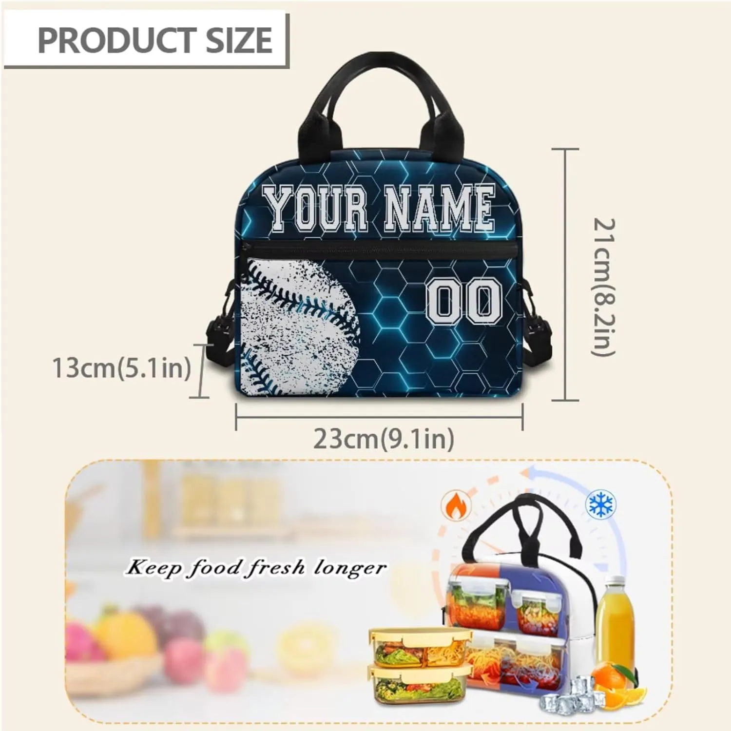 Custom Student Baseball Blue Hexagonal Grid Backpack Set Laptop Backpack Lunch Bags Lunchbox Water Bottle Pouch Rucksack Pencil Pen Case School Tote Bag with Name and Number, 4 Piece