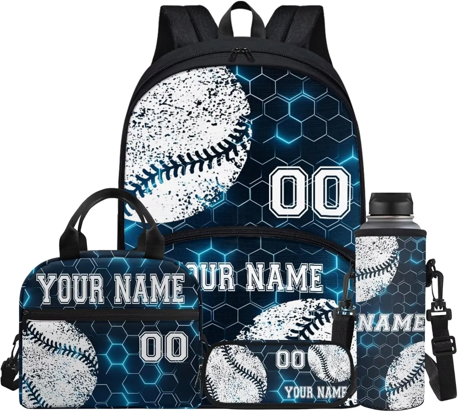 Custom Student Baseball Blue Hexagonal Grid Backpack Set Laptop Backpack Lunch Bags Lunchbox Water Bottle Pouch Rucksack Pencil Pen Case School Tote Bag with Name and Number, 4 Piece
