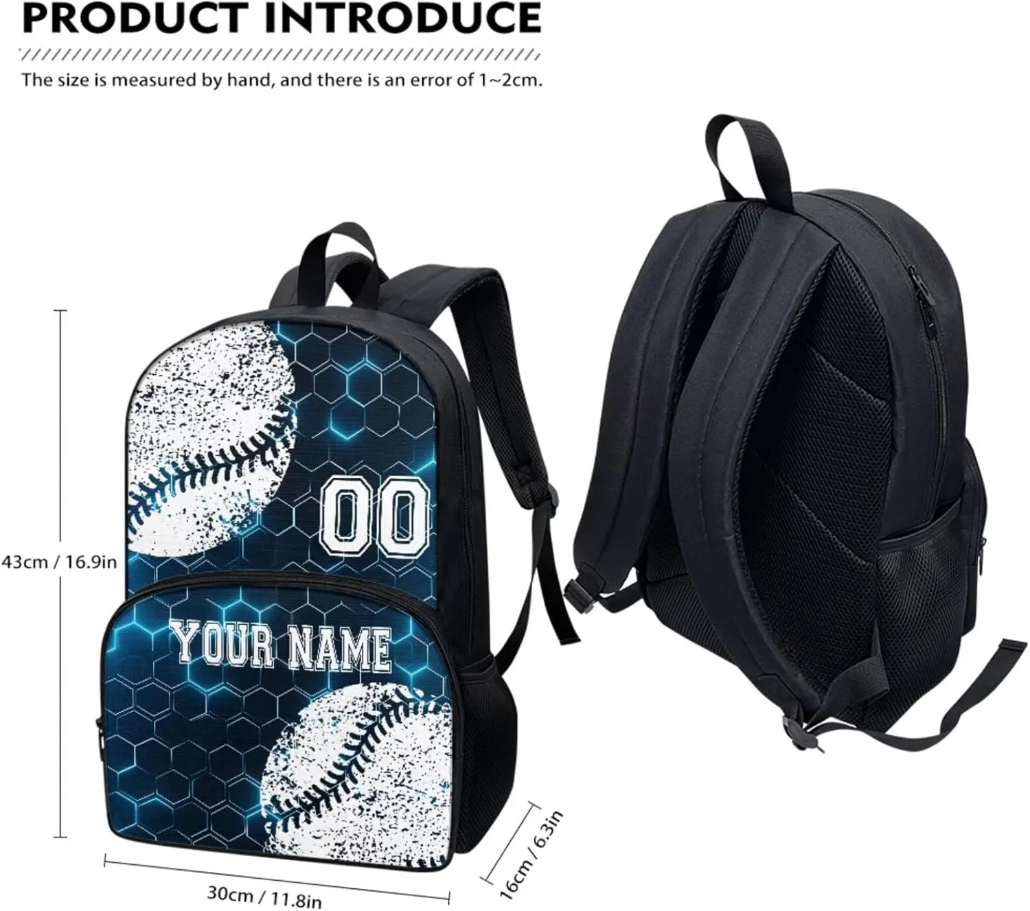 Custom Student Baseball Blue Hexagonal Grid Backpack Set Laptop Backpack Lunch Bags Lunchbox Water Bottle Pouch Rucksack Pencil Pen Case School Tote Bag with Name and Number, 4 Piece