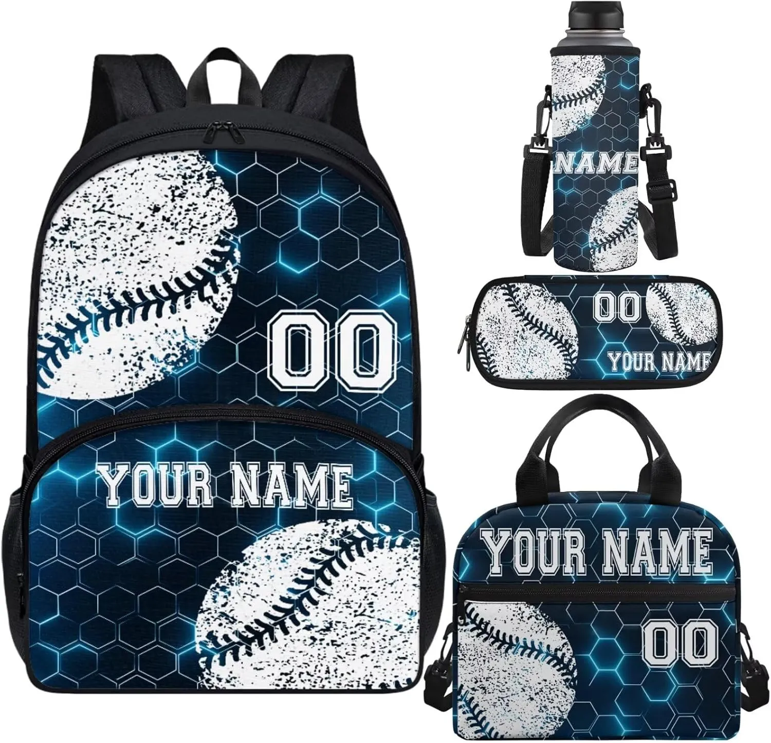 Custom Student Baseball Blue Hexagonal Grid Backpack Set Laptop Backpack Lunch Bags Lunchbox Water Bottle Pouch Rucksack Pencil Pen Case School Tote Bag with Name and Number, 4 Piece