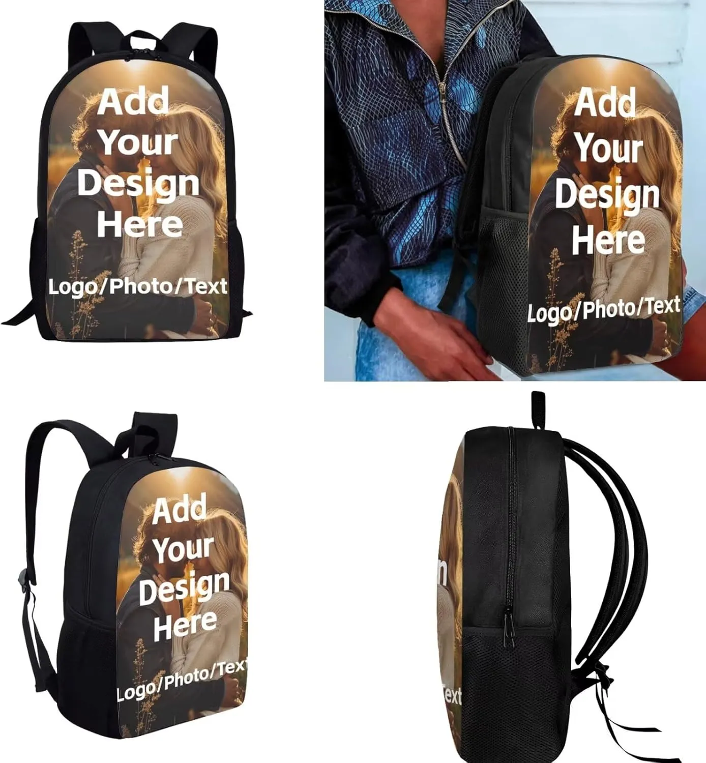 Customized Backpack for Girls Boys Backpack with Lunch Box Water Bottle Carrier and Desk Pen Holder 4PCS Bookbag Set for School Teens 17 inch Sturdy School Bag with Side Pocket for Kids