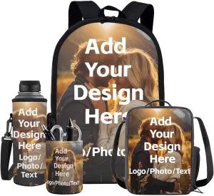 Customized Backpack for Girls Boys Backpack with Lunch Box Water Bottle Carrier and Desk Pen Holder 4PCS Bookbag Set for School Teens 17 inch Sturdy School Bag with Side Pocket for Kids