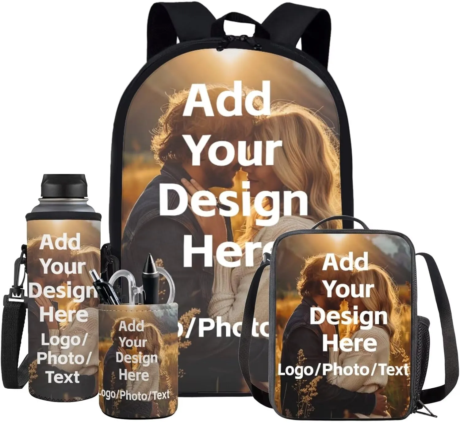Customized Backpack for Girls Boys Backpack with Lunch Box Water Bottle Carrier and Desk Pen Holder 4PCS Bookbag Set for School Teens 17 inch Sturdy School Bag with Side Pocket for Kids