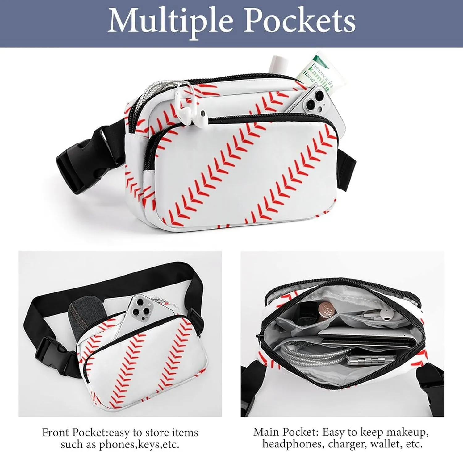Cute Baseball Large Capacity Portable All Print Waist Bag