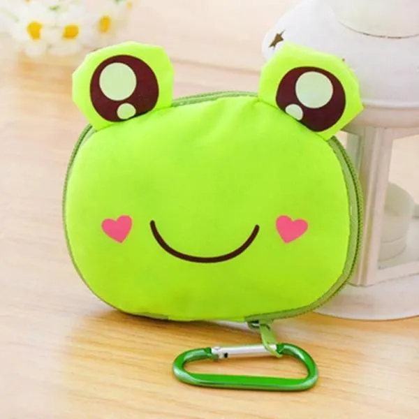 Cute Cartoon Frog Pattern Foldable Reusable Shopping Travel Bag Pouch Tote Handbag Green