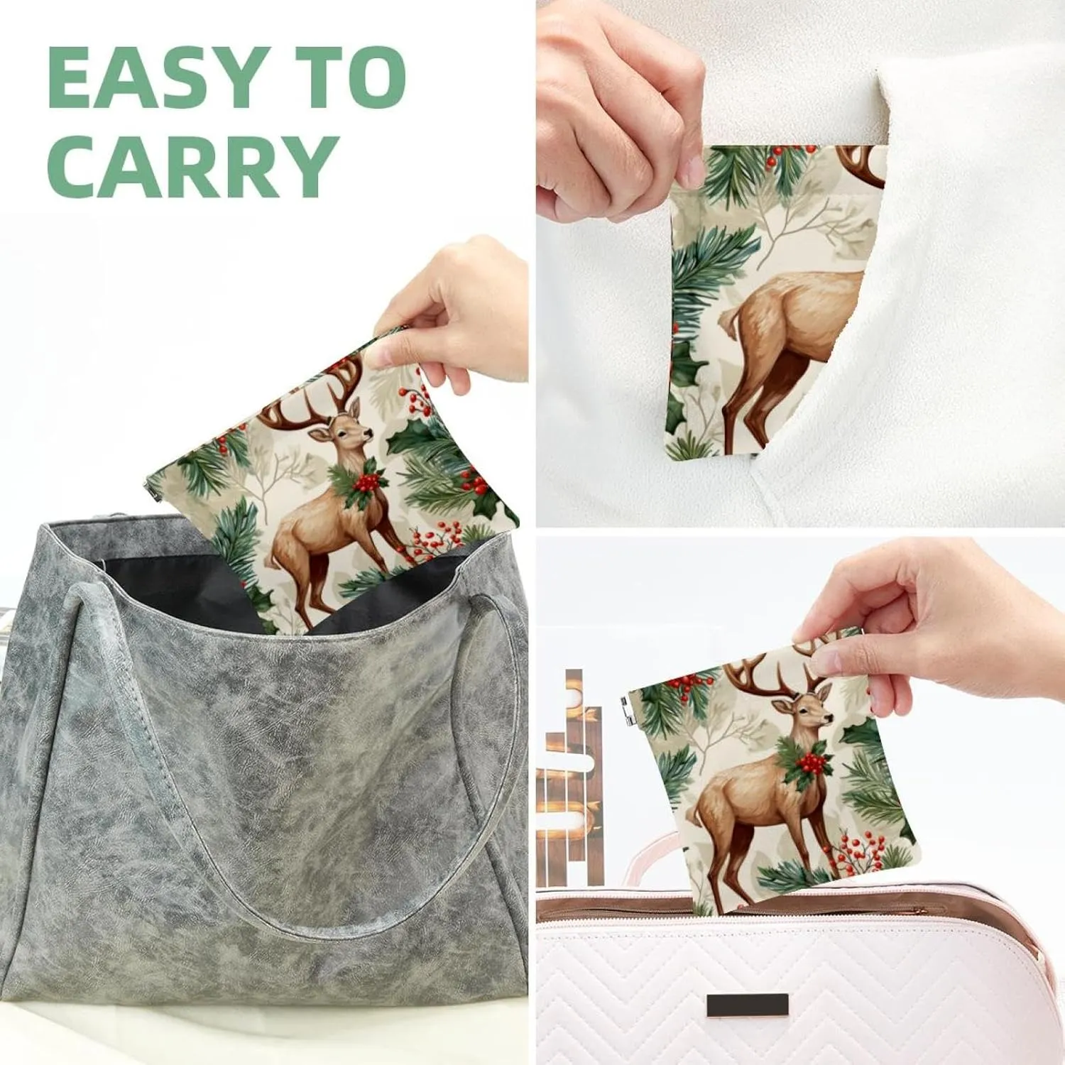 Cute Christmas Elk-1856 Pocket Cosmetic Bag, Waterproof Squeeze Makeup Bag No Zipper Self-Closing, Portable Mini Travel Storage for Headphones Jewelry, 7.1x5.8 inch/4.7x4.5 inch