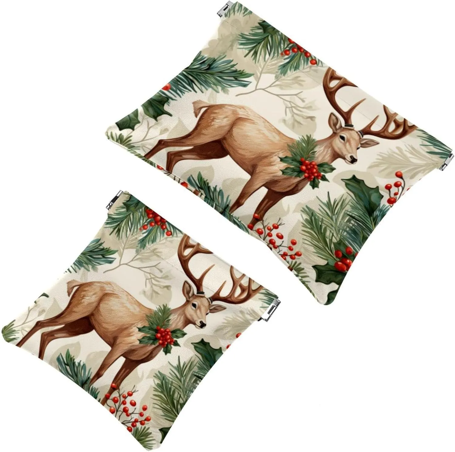 Cute Christmas Elk-1856 Pocket Cosmetic Bag, Waterproof Squeeze Makeup Bag No Zipper Self-Closing, Portable Mini Travel Storage for Headphones Jewelry, 7.1x5.8 inch/4.7x4.5 inch