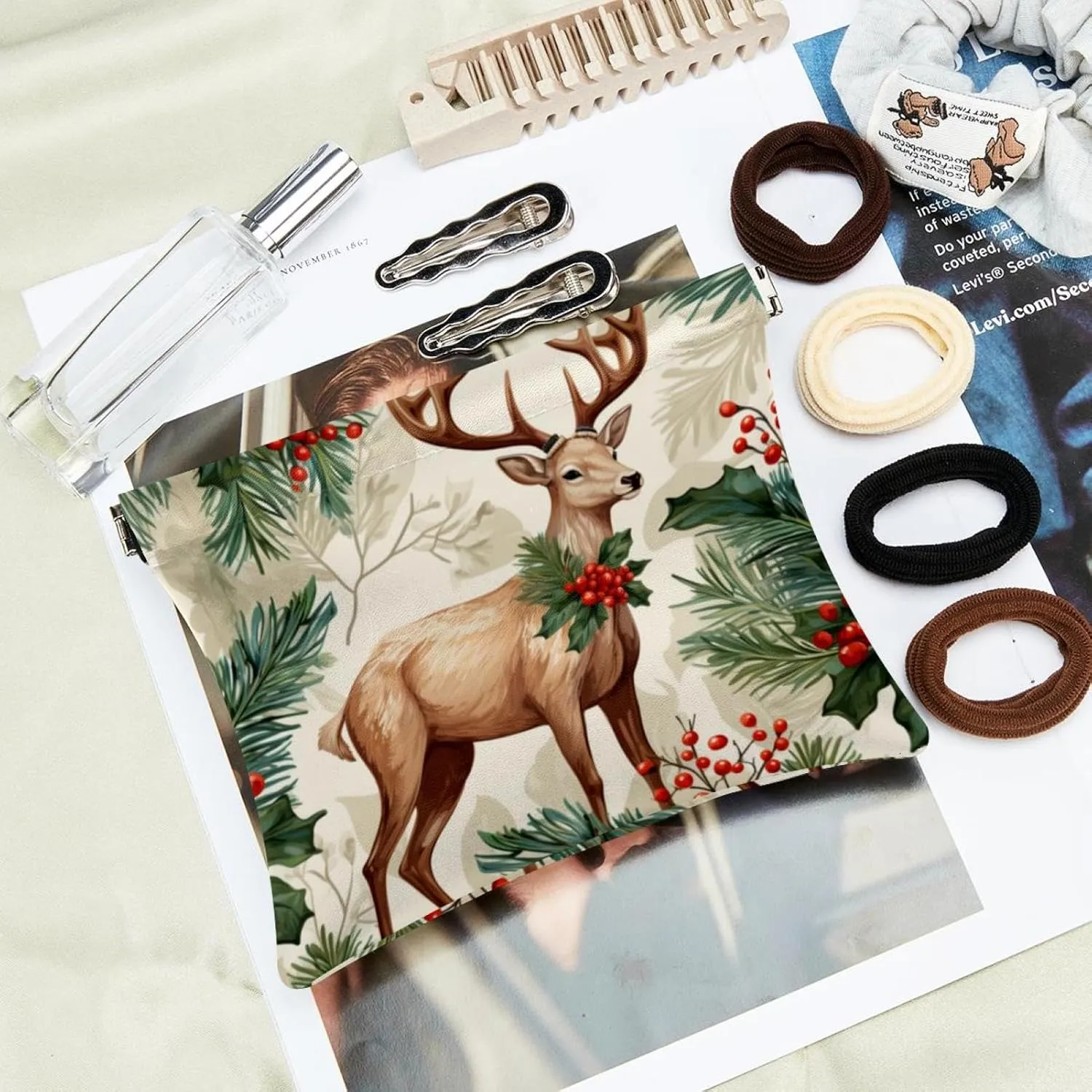 Cute Christmas Elk-1856 Pocket Cosmetic Bag, Waterproof Squeeze Makeup Bag No Zipper Self-Closing, Portable Mini Travel Storage for Headphones Jewelry, 7.1x5.8 inch/4.7x4.5 inch
